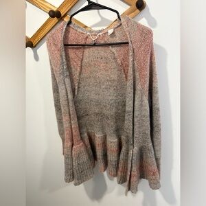 Anthropologie Knitted & Knotted Cody peplum cardigan sweater in a pink and gray